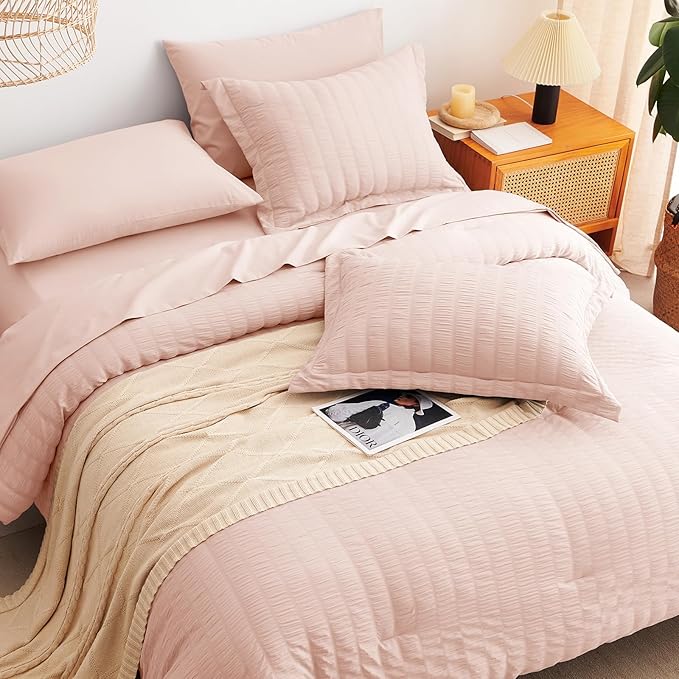 CozyLux Queen Comforter Set Blush Pink Seersucker 7 Pieces Bed in a Bag Queen Comforter Set with Sheets, Luxury Soft Bedding Set with Down Alternative Comforter, Sheets, Pillowcases & Shams All Season
