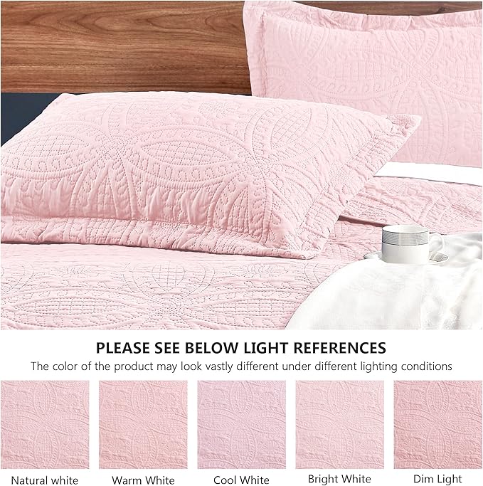 Love's cabin King Size Quilt Set Pink Bedspreads - Soft Bed Summer Lightweight Bedspread Comforter - Modern Style Coin Pattern Coverlet for All Season - 3 Pieces (1 Quilt, 2 Pillow Shams)