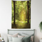 Lunarable Woodland Tapestry Twin Size, Tall Forest Trees Basking in The Morning Peaceful Environment in Green Nature, Wall Hanging Bedspread Bed Cover Wall Decor, Twin Size, Green Chocolate