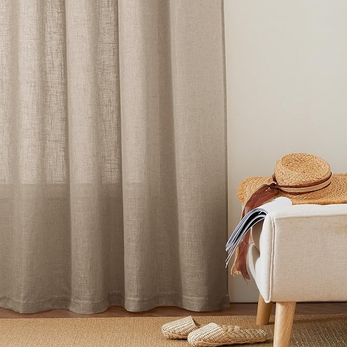 RYB HOME Vertical Linen Blended Curtains for Kitchen Kids Room Playroom, Elegant Light Filtering Semi Sheer for Machine Washable Durable Breathable Privacy Home Decor, Khaki, W 60 x L 90, 1 Pc
