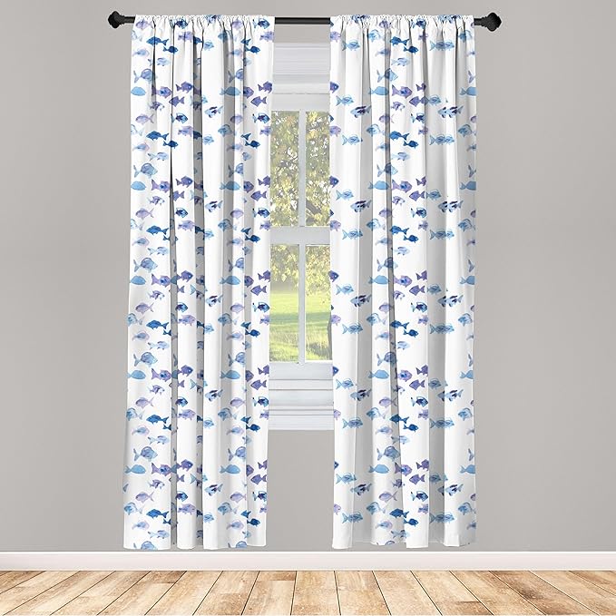 Ambesonne Animal Window Curtains Pack of 2, Little Fishes Watercolors Ocean Underwater Life Marine Theme Art, Lightweight Set with Rod Pocket, 4 Panels of - 28" x 84", Blue