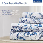DREAMCARE Queen Size Sheets - Floral Sheets Queen Size Bed Set - 4pcs Queen Sheet Set - Cooling Bed Sheets - Queen Size Sheet Sets - Soft & Long Lasting 100% Brushed Floral Bed Set - Floral Blue