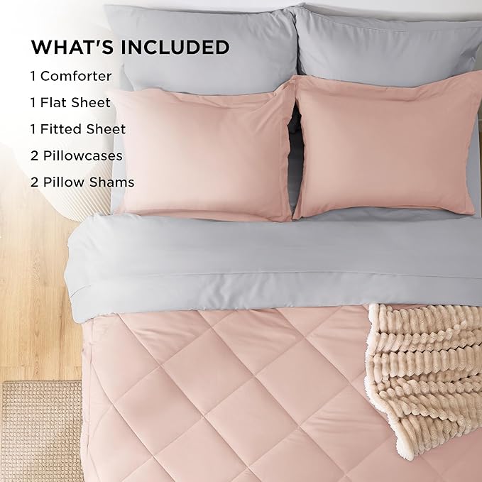 Bedsure Twin Comforter Set - 5 Pieces Reversible Blush Pink Bedding, Twin Size Bed Set for All Seasons, Bed in a Bag with Down Alternative Comforter, Sheets, Pillowcase & Sham