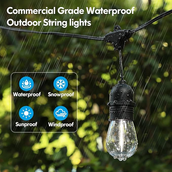 Lakumu 2-Pack 96FT Outdoor String Lights with Waterproof Shatterproof Dimmable 5000K Daylight White E12 Filament S14 LED Bulbs for Backyard Hanging Lights Linkable Patio Light for Deck Bistro Pergola