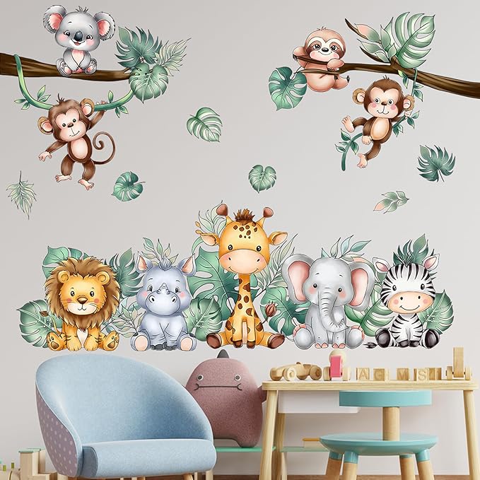 Jungle Animal Wall Stickers Forest Safari Wall Decals Kid Room Nursery Baby Bedroom Décor (Animal Turtle Dorsal Leaves)