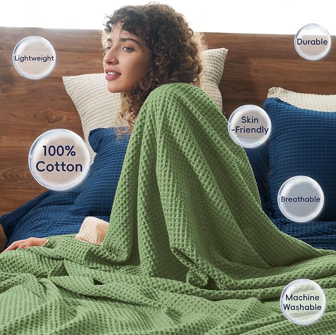 PHF 100% Cotton Waffle Weave Throw Blanket，Pre-Washed Snag Proof Lightweight Breathable Moisture-Wicking for Layering in Cold Weather for Couch Bed,Machine Washable,Home Decor Gift-Loden Green