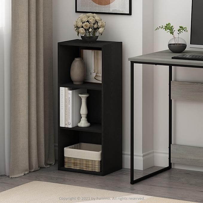 Furinno LUDER Book Shelf, 3-Cube Bookshelf, Bookcase, 9.3" x 12" x 31.5", for Living Room, Bedroom, Home Office, Blackwood
