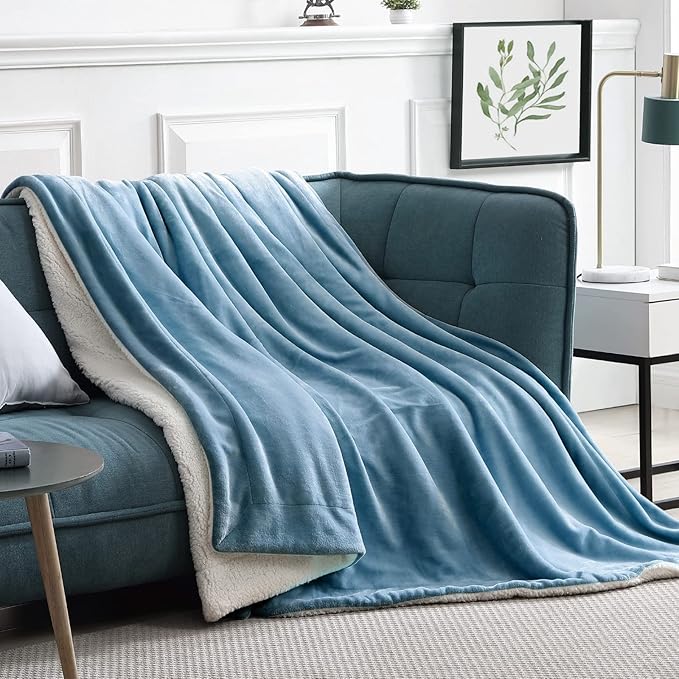 Walensee Sherpa Fleece Blanket (Twin Size 60”x80” Slate Blue) Plush Throw Fuzzy Super Soft Reversible Microfiber Flannel Blankets for Couch, Bed, Sofa Ultra Luxurious Warm and Cozy for All Seasons