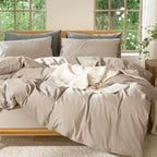 MooMee Bedding Duvet Cover Set 100% Washed Cotton Linen Like Textured Breathable Durable Soft Comfy (Heathered Taupe, King 104"x90")