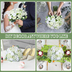 Geosar 8 Bundles Artificial Peonies Flowers Fake Silk Peony Bouquet Faux Peonies Flowers Bulk for Decoration Vase Floral Arrangements Wedding Party Table (White,Green)
