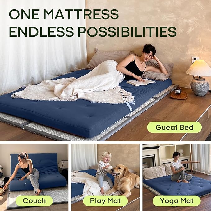 ZonLi Japanese Floor Futon Mattress Queen Size 80"x 60", 100% Cotton Cover 2.5'' Thicken Tatami Mattress, Foldable Sleeping Pad, Portable Dormitory Tatami Mat, Roll Up Floor Lounger Bed for Adult