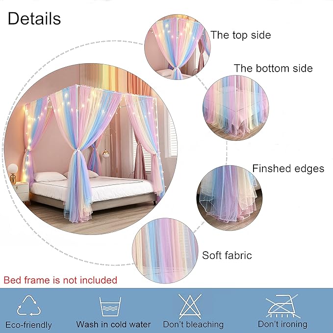Akiky Canopy Bed Curtains with Lights 4 Corner Post Bed Canopy for Adults Girls, Rainbow Bed Drapes Netting-8 Panel Curtains,Full/Queen