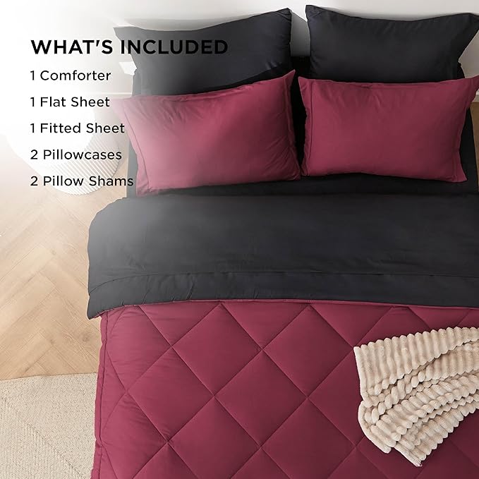 Bedsure Full Size Comforter Set - 7 Pieces Reversible Burgundy and Black Bedding, Full Size Bed Set for All Seasons, Bed in a Bag with Down Alternative Comforter, Sheets, Pillowcases & Shams