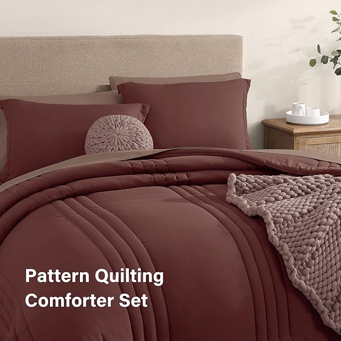 Monbix Queen Comforter Set - 7 Pieces Dark Red Bed in a Bag Queen Bedding Sets with Comforters, All Seasons Down Alternative Comforter Bed Set with Sheets, Pillowcases & Shams