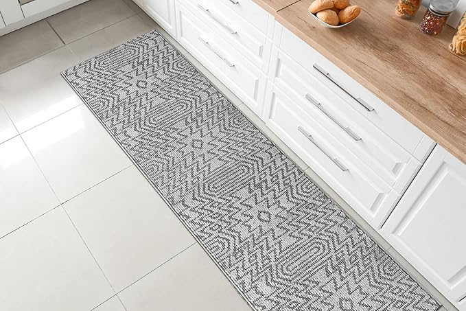 Custom Size Southwestern Style Runner Rug Mat for Wide Hallway Entryway Kitchen Laundry Room with Slip Resistant Latex Rubber Backing, Inca Grey, 31 inch X 20 feet