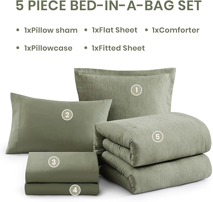 Monbix Twin XL Comforter Set Sage Green, Cationic Dyeing Bedding Set Reversible 5 Pieces, All Season Bed in a Bag with Comforter, Sheets, Pillowcase & Sham