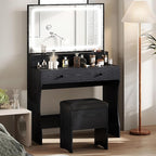 IRONCK Vanity Desk Set with LED Lighted Mirror & Power Outlet, Makeup Vanity Table with 4 Drawers,Storage Bench,for Bedroom, Bathroom, Black