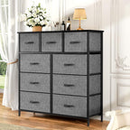 OLIXIS Dresser for Bedroom, 9 Storage Drawers, Tall Large Fabric Storage Tower Organizer, Chest of Drawers with Metal Frame Wooden Top for Nursery, Closet, Living Room, Entryway, Classic Grey