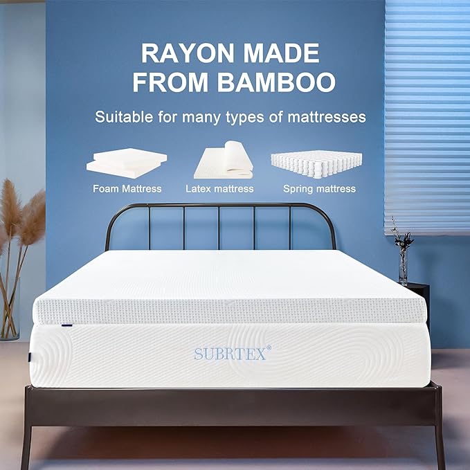 Subrtex 2 Inch Mattress Topper Cover (Only Cover) Mattress Topper Protector Bedding Rayon Made from Bamboo Removable Mattress Encasement with Zippers, Twin XL