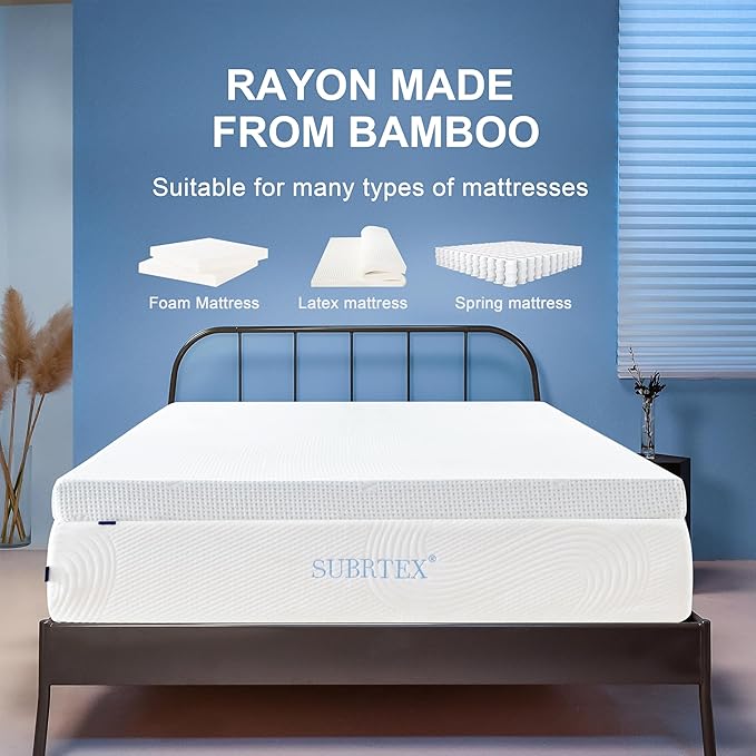Subrtex 3 Inch Mattress Topper Cover (Only Cover) Mattress Topper Protector Bedding Rayon Made from Bamboo Removable Mattress Encasement with Zippers, Queen