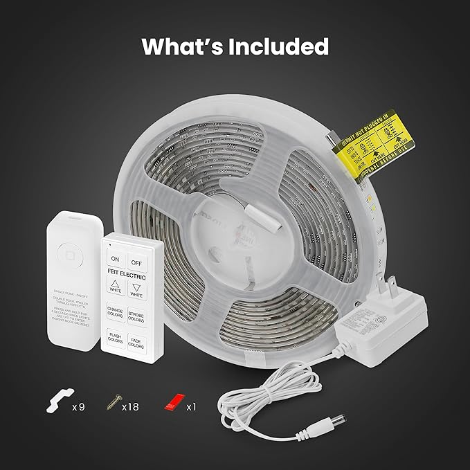 Feit Electric Smart Light Strip 16FT, Ultrathin RGBW Color Chasing LED Light Strip, 2.4GHz Wi-Fi Enabled, Works with Alexa and Google Home Assistant, Remote Control, (0.4in x 192in) TAPE192/CHASE/AG