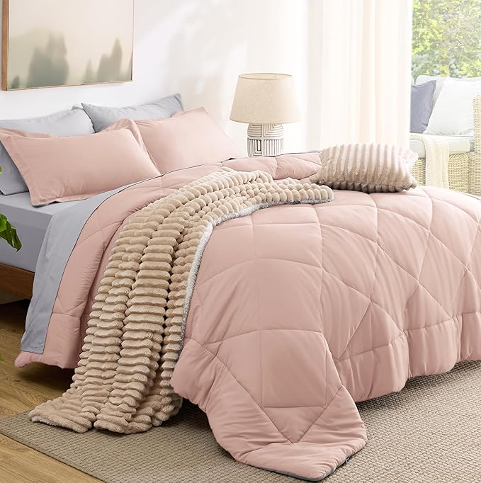 Bedsure Twin Comforter Set - 5 Pieces Reversible Blush Pink Bedding, Twin Size Bed Set for All Seasons, Bed in a Bag with Down Alternative Comforter, Sheets, Pillowcase & Sham