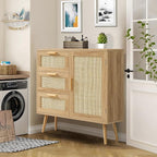 Iwell Storage Cabinet with 3 Drawers, Rattan Cabinet with Adjustable Shelf, Small Storage Cabinets, for Living Room, Entryway, Natural