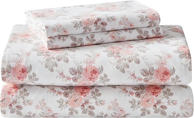 Laura Ashley - Flannel Sheets Twin Size, Anti-Pilling & Wrinkle Resistant Cotton, Touchably Soft for All-Season Comfort - Bed Sheets with Matching Pillowcase & Fitted Sheet (Lisalee Pink)