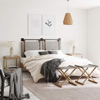 Nathan James Harlow Modern Wall Mount Hanging Headboard, King, Gray with Brown Faux Leather Straps