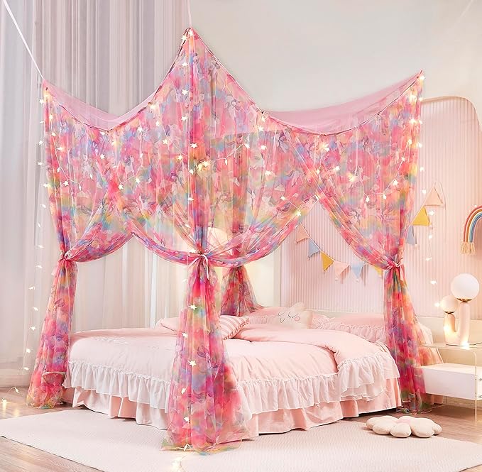 Mengersi Unicorn Bed Canopy for Girls Canopy Bed Curtains with Lights-Canopy for Bed - Bed Netting Canopy for Girls,Princess Canopy for Girls Room Decor,Twin Size