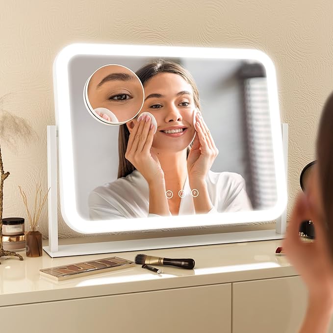 FENNIO Vanity Mirror with Lights 17''x13'' Makeup Mirror with Lights,Vanity Mirror Touch Screen with 3-Color Lighting,Dimmable,for Vanity Desk Tabletop White
