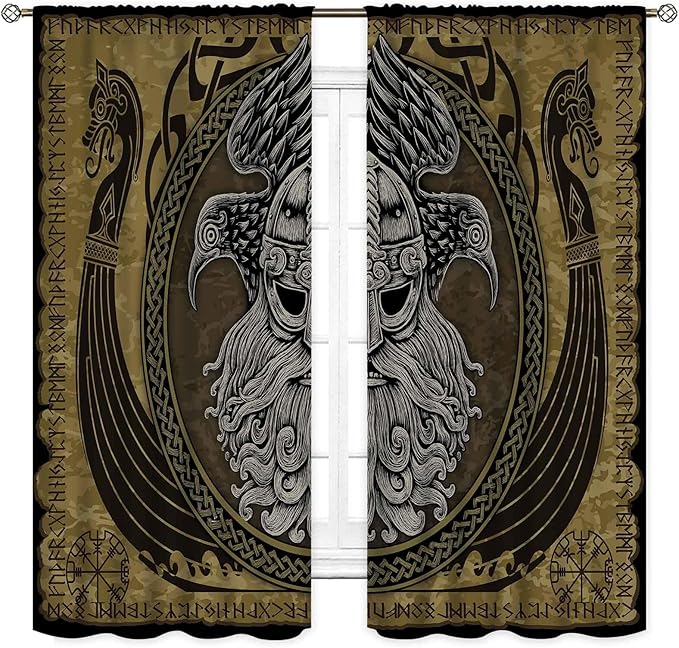 Norse Viking Curtains, Nordic Warriors Sword Celtic Rune Scandinavian Aesthetic Nation Valknut Mythology Window Drapery for Bedroom Living Room Bathroom 2 Panels, 63"x63" Inch