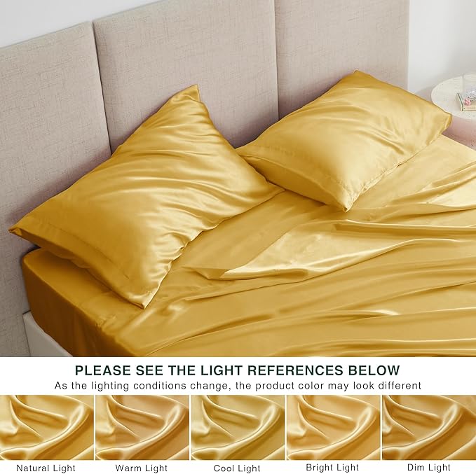 Love's cabin Twin XL Satin Sheet Sets - 3 Piece Gold Silky Bed Sheets with Deep Pockets, Luxury Silk Feel Satin Sheet Set Twin XL (1 Flat Sheet,1 Fitted Sheet,1 Pillow case)