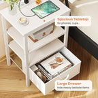 SUPERJARE Nightstand Set of 2, Bed Side Tables with Charging Station, Adjustable Fabric Drawer, Night Stand for Bedroom, 3-Tier Storage End Tables, White, 8694WC