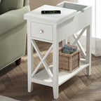 ChooChoo White End Table Set of 2, Flip Top Narrow End Table with Drawer, Accent Small Side Table Nightstand for Living Room, Bedroom, and Small Spaces