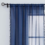 Treatmentex Pompom Sheer Window Curtains for Boy's Bedroom Guest Room Navy Blue Slub Textured Sheer Drapes for Window Office 108" Length, 52" w x 2 Pack Rod Pocket