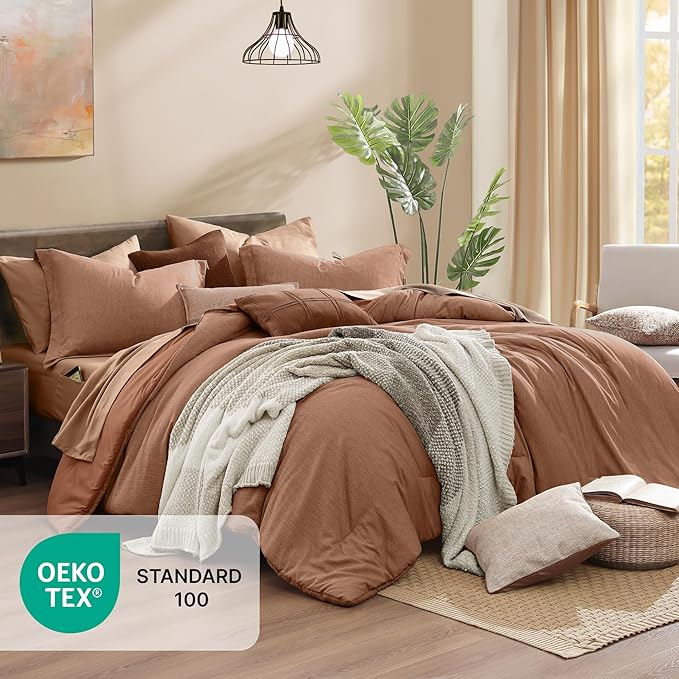 Monbix Queen Comforter Set - 7 Pieces Cationic Dyeing Autumn Leaf Bed in a Bag Queen Bedding Sets with Comforter, Sheets, Pillowcases & Shams, Reversible Bedding Comforters Sets