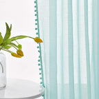Treatmentex Pompom Sheer Curtains for Kids-Room 72" Aqua-Blue Slub Textured Window Sheer Panels for Bedroom Living Room 52" Wide, 2 Panels Rod Pocket