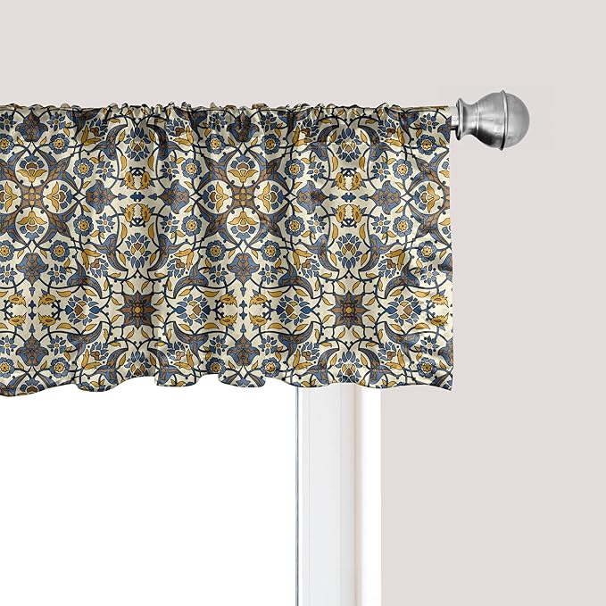 Ambesonne Turkish Pattern Window Valance, Flowers in and Traditional Style, Curtain Valance for Kitchen Bedroom Decor with Rod Pocket, 54" X 12", Earth Yellow Slate Blue