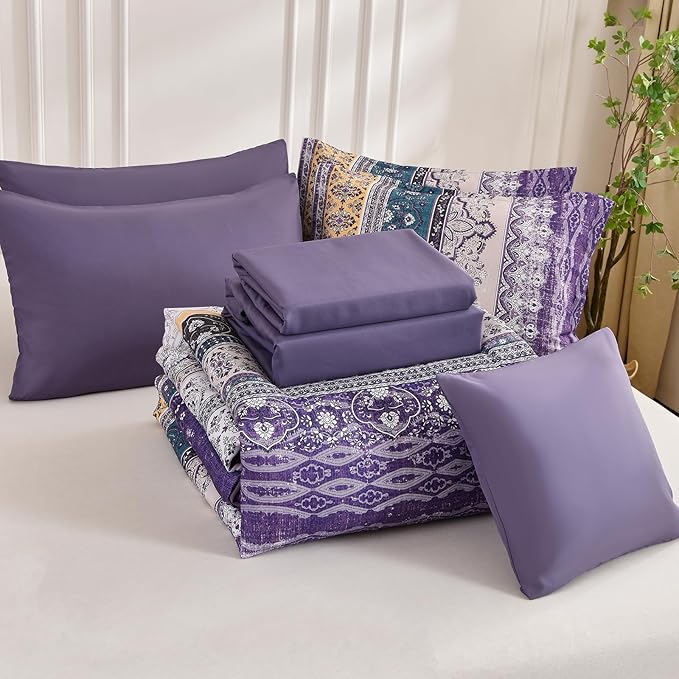 Cottolester Boho Full Comforter Set 8 Pieces,Violet Bohemian Striped Bed in a Bag, Paisley Soft Microfiber Bedding Comforter Set