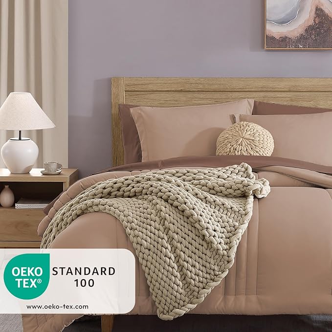 Monbix Queen Comforter Set - 7 Pieces Rust Pink Bed in a Bag Queen Bedding Sets with Comforters, All Seasons Comforter Bed Set with Sheets,Pillowcases & Shams