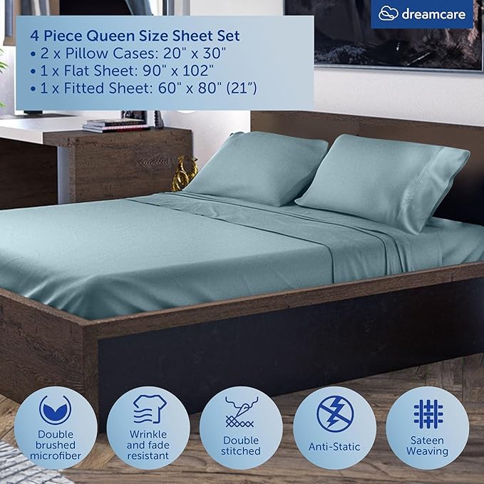 DREAMCARE Queen Sheet Set – 4 pcs Cooling Sheets – up to 21” Extra Deep Pocket Queen Sheets – Hotel Luxury – Superior Softness 100% Microfiber with Side Pocket - Mineral Blue