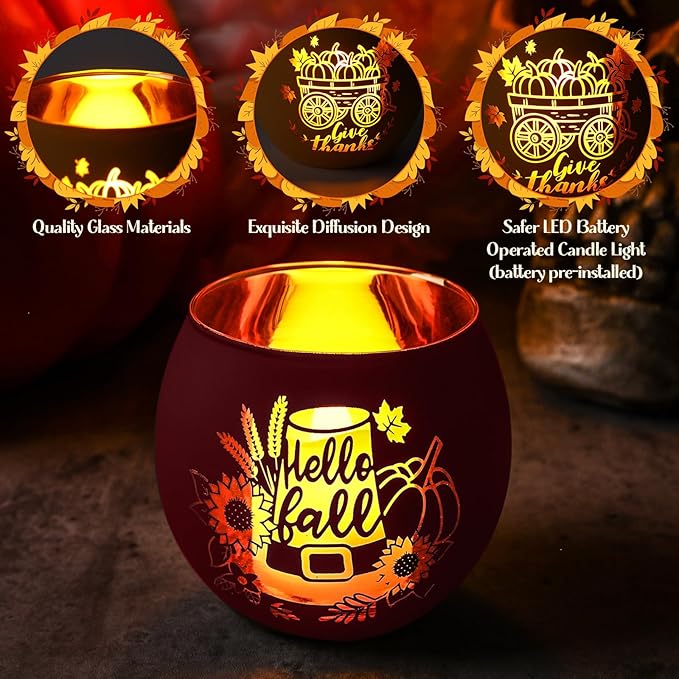 VIHOSE 6 Set Thanksgiving Votive Candle Holders with 6 LED Battery Operated Candles Fall Glass Tealight Holders Fall Table Decorations for Home Table Centerpiece Decor Gifts