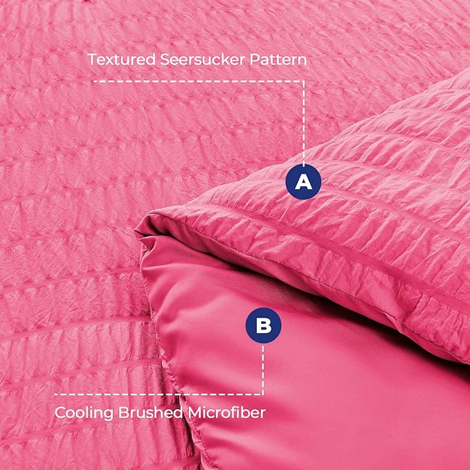 HYMOKEGE Hot Pink Queen Comforter Set Seersucker 7 Pieces, All Season Luxury Bed in a Bag Queen for Bedroom, Bedding Set with Comforter, Sheets, Pillowcases & Shams