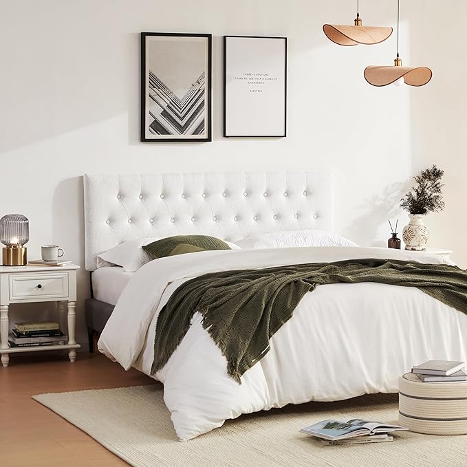 Tufted Upholstered Headboard King Size, Solid Wood Head Board with Durable Metal Legs, Adjustable Height Bed headboard from 37" to 51" Fabric Headboard in Modern Button Design, White