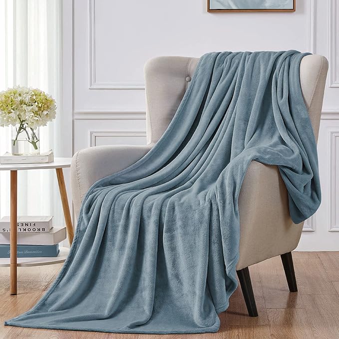 Walensee Fleece Blanket Plush Throw Fuzzy Lightweight (Queen Size 90x90 Washed Blue/Slate Blue/Grey Blue) Super Soft Microfiber Flannel Blankets for Couch, Bed, Sofa Warm and Cozy for All Seasons