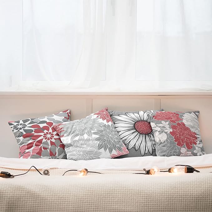 Ambesonne Floral Throw Pillow Cushion Case Pack of 4, Flower Petals Modern Color Palette Chamomile Peony Dahlia and Sunflower Print, Modern Accent Double-Sided Digital Printing, 18", Dark Coral Grey