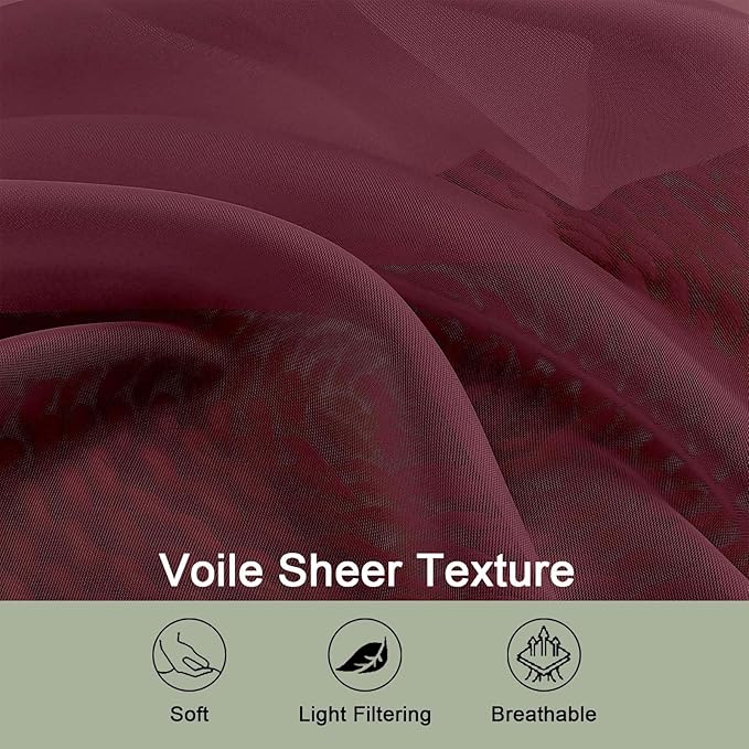 OWENIE Burgundy Vine Sheer Curtains, Sheer Curtains 96 inches Long 2 Panels Set, Rod Pocket Fimly Sheer Drapes for Living Room/Bedroom, 2pcs, Each 59" W x 96" L