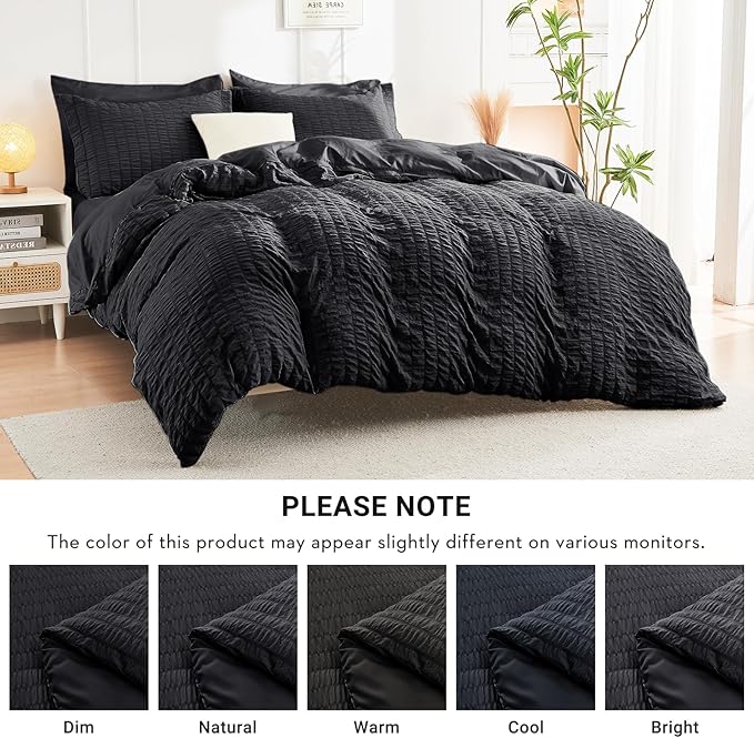 HYMOKEGE Black Full Size Comforter Sets Seersucker 7 Pieces, All Season Luxury Bed in a Bag for Bedroom, Bedding Set with Comforters, Sheets, Pillowcases & Shams