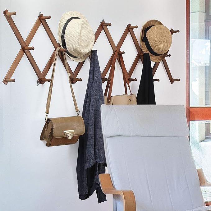 WEBI Accordion Wall Hanger,Expandable Wooden Coat Rack Wall Mounted,Accordion Hat Rack for Wall,Accordion Hook Rack for Hats,Caps,20 Peg Hooks,Walnut Color